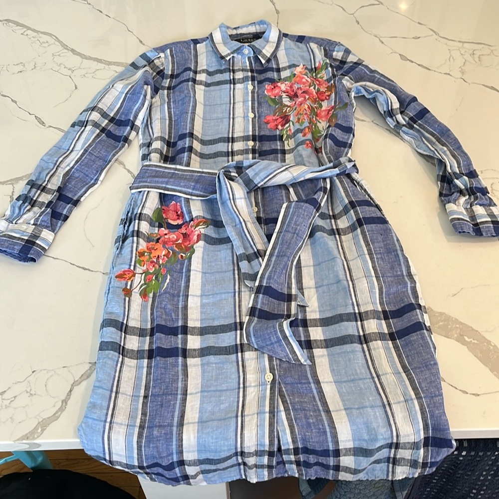 Ralph Lauren Women's Blue/White Plaid & Floral Linen Shirtdress Dress - Size 4